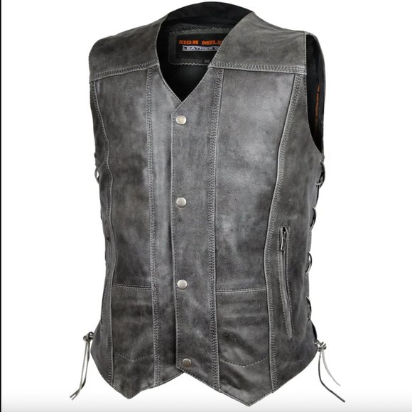 Distressed Grey Ten Pocket Cowhide Leather Vest - Picture 2 of 5